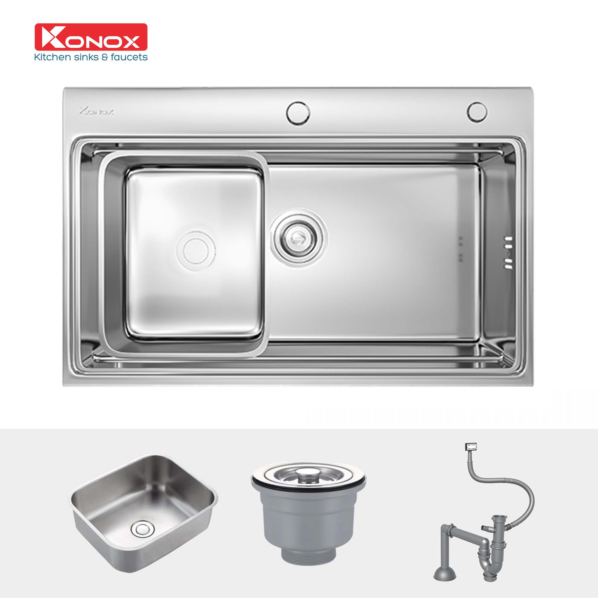 Chậu rửa bát Konox KN7548SO – 1 hố hạ bậc tích hợp chậu rửa nhỏ
