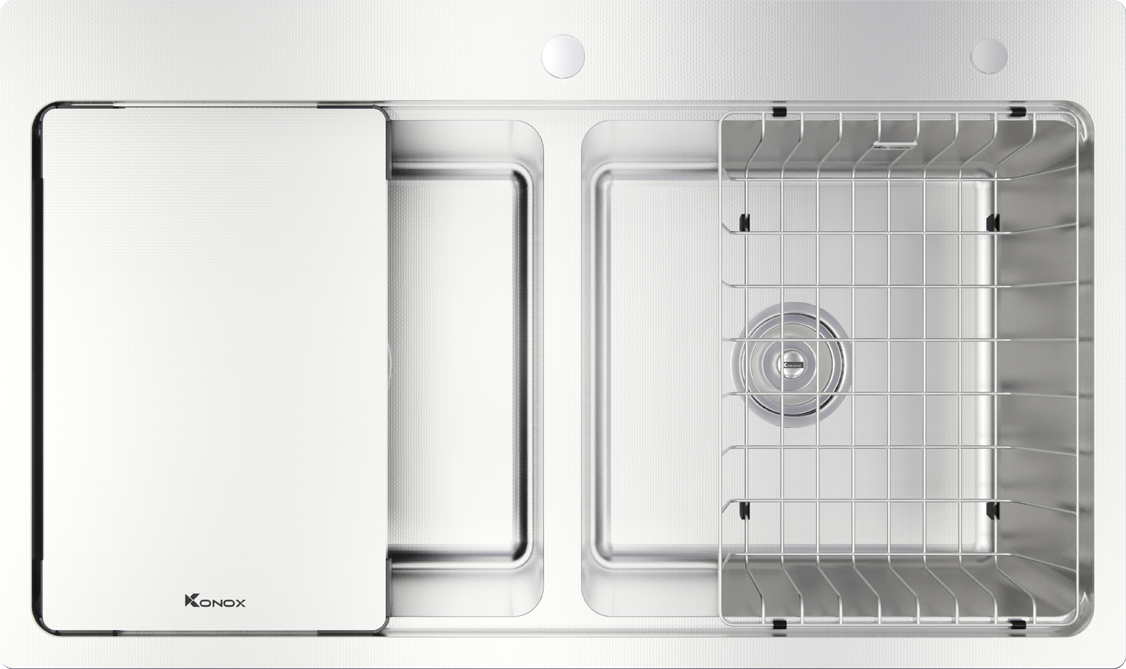 Chậu rửa bát Konox KN8651TD Dekor – 2 hố cân hạ bậc, thớt inox đi kèm