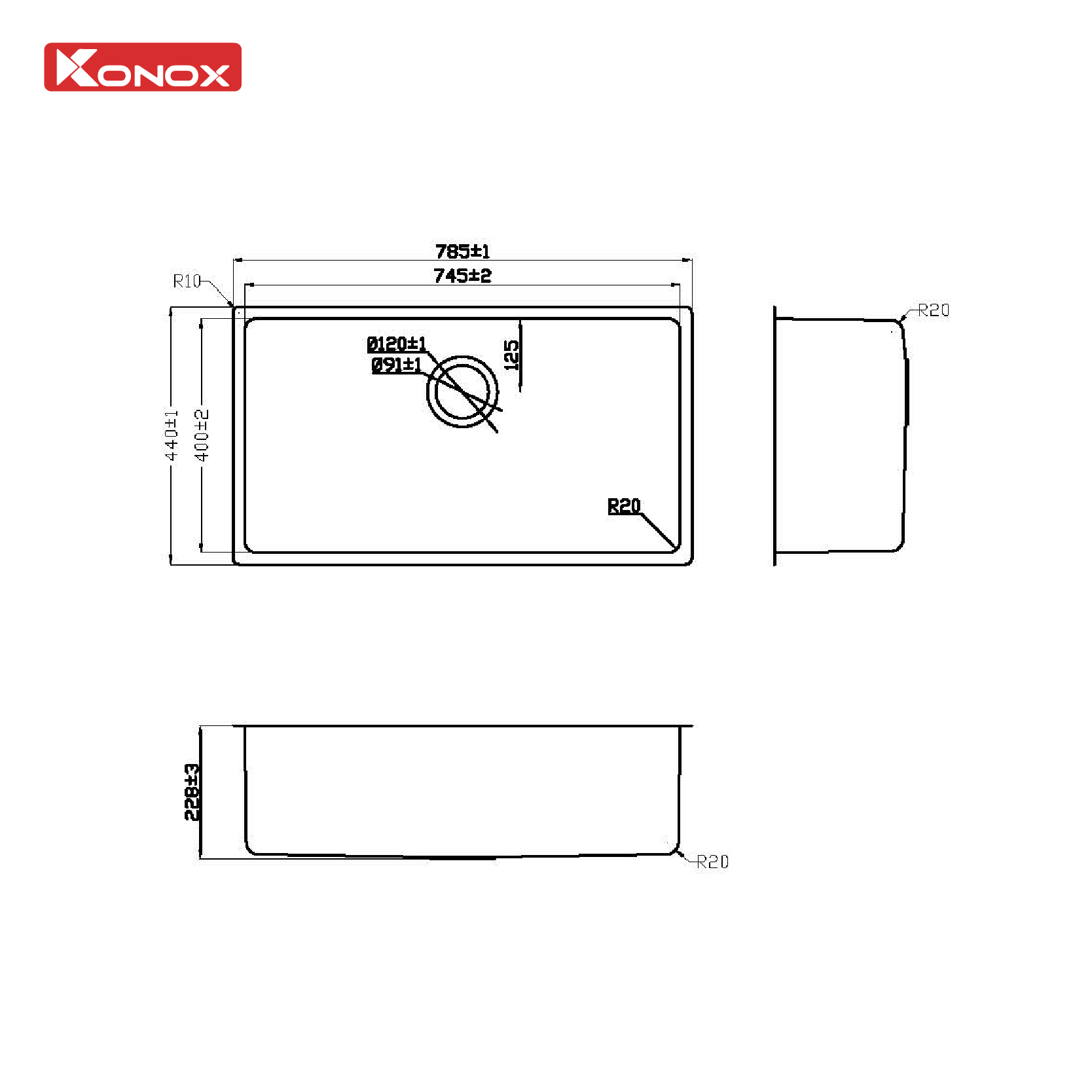 Kích thước và lắp âm chậu Konox Stelo 780U