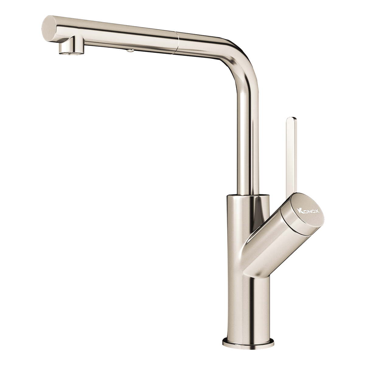 Vòi rửa bát dây rút Konox Artan Nickel – bạc ấm cho bếp gỗ