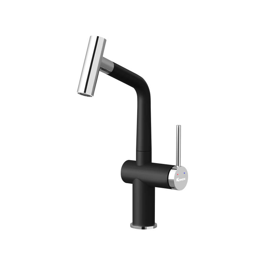 Vòi rửa bát dây rút Konox Volta Black – đầu chữ T, sắc đen hiện đại