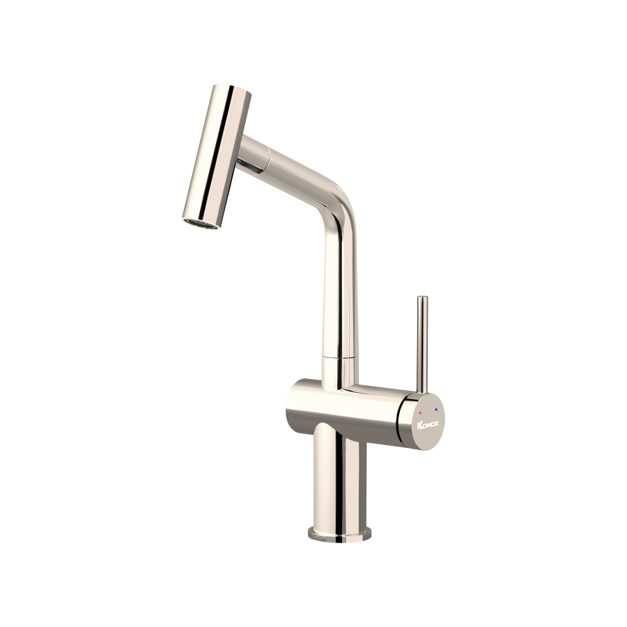 Vòi rửa bát dây rút Konox Volta Nickel – ánh kim dịu, đầu chữ T